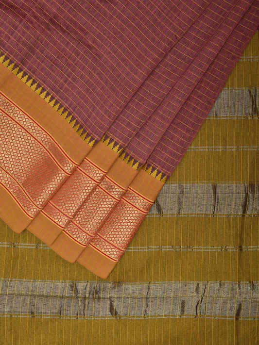 Burgundy and Olive Bamboo Cotton Saree with Checks Design No Blouse bc0711