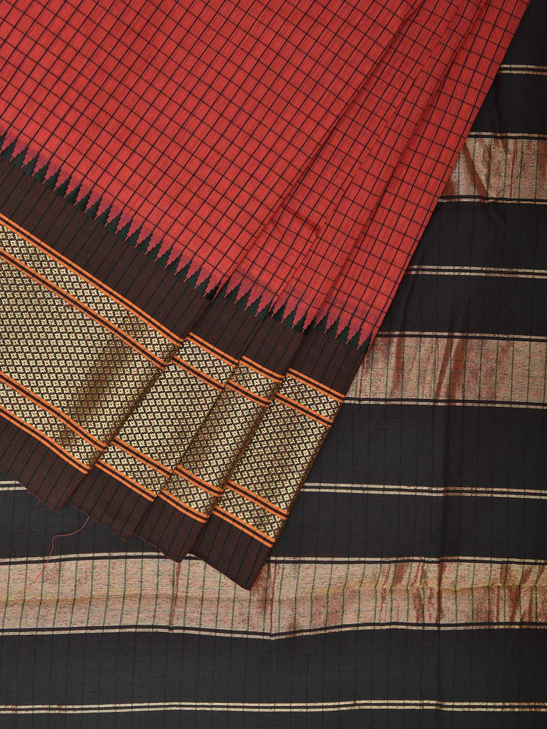 Peach and Green Bamboo Cotton Saree with Checks Design No Blouse bc0712