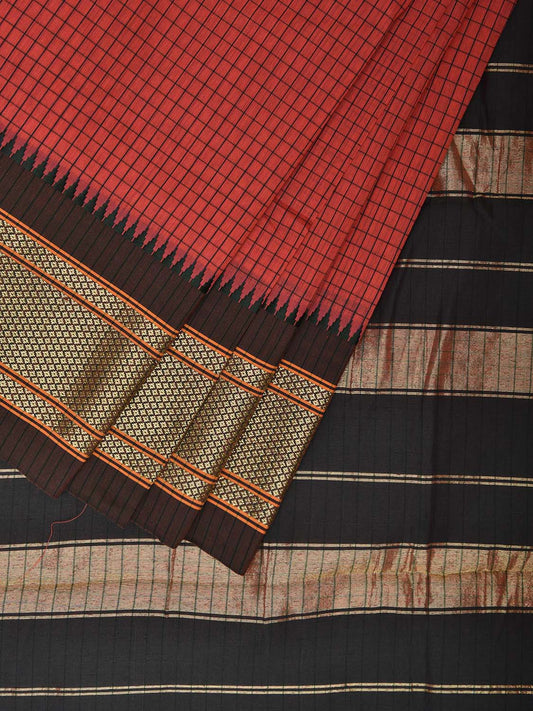 Peach and Green Bamboo Cotton Saree with Checks Design No Blouse bc0712