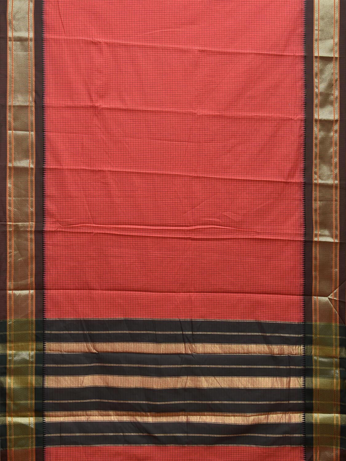 Peach and Green Bamboo Cotton Saree with Checks Design No Blouse bc0712