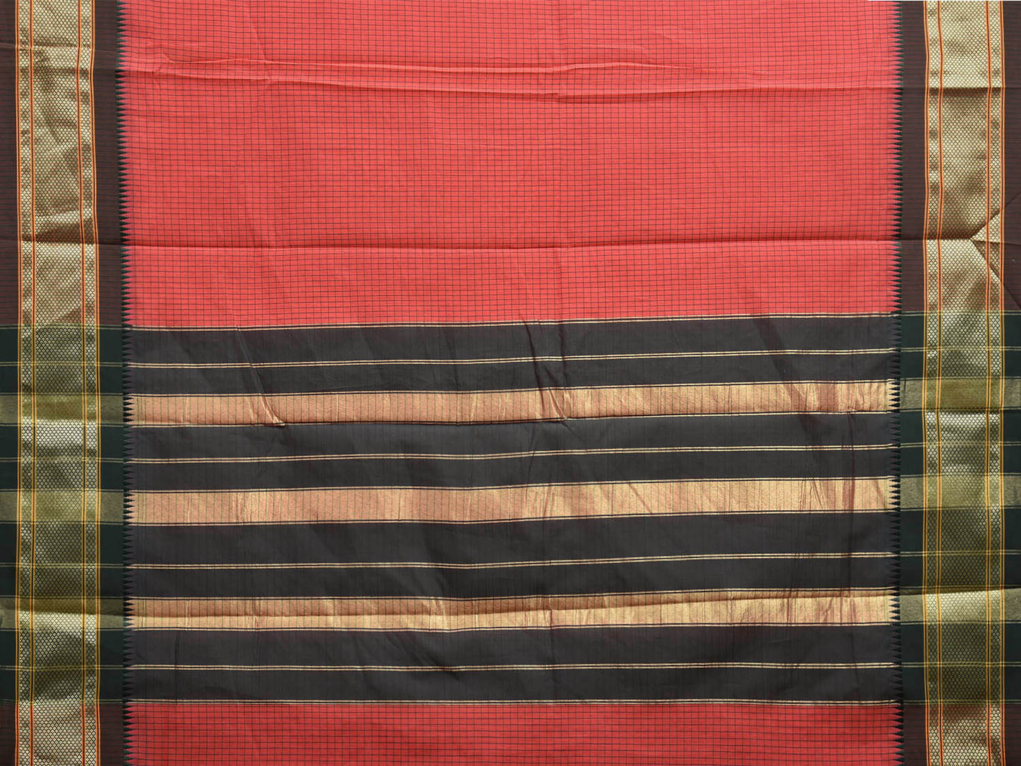 Peach and Green Bamboo Cotton Saree with Checks Design No Blouse bc0712