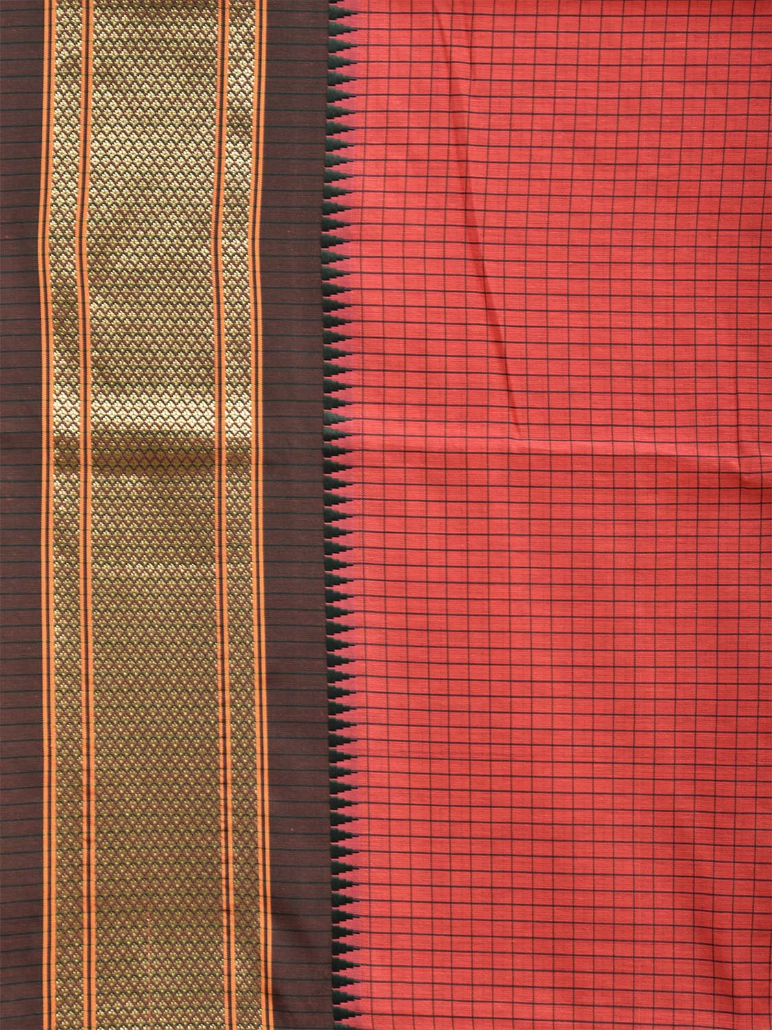 Peach and Green Bamboo Cotton Saree with Checks Design No Blouse bc0712