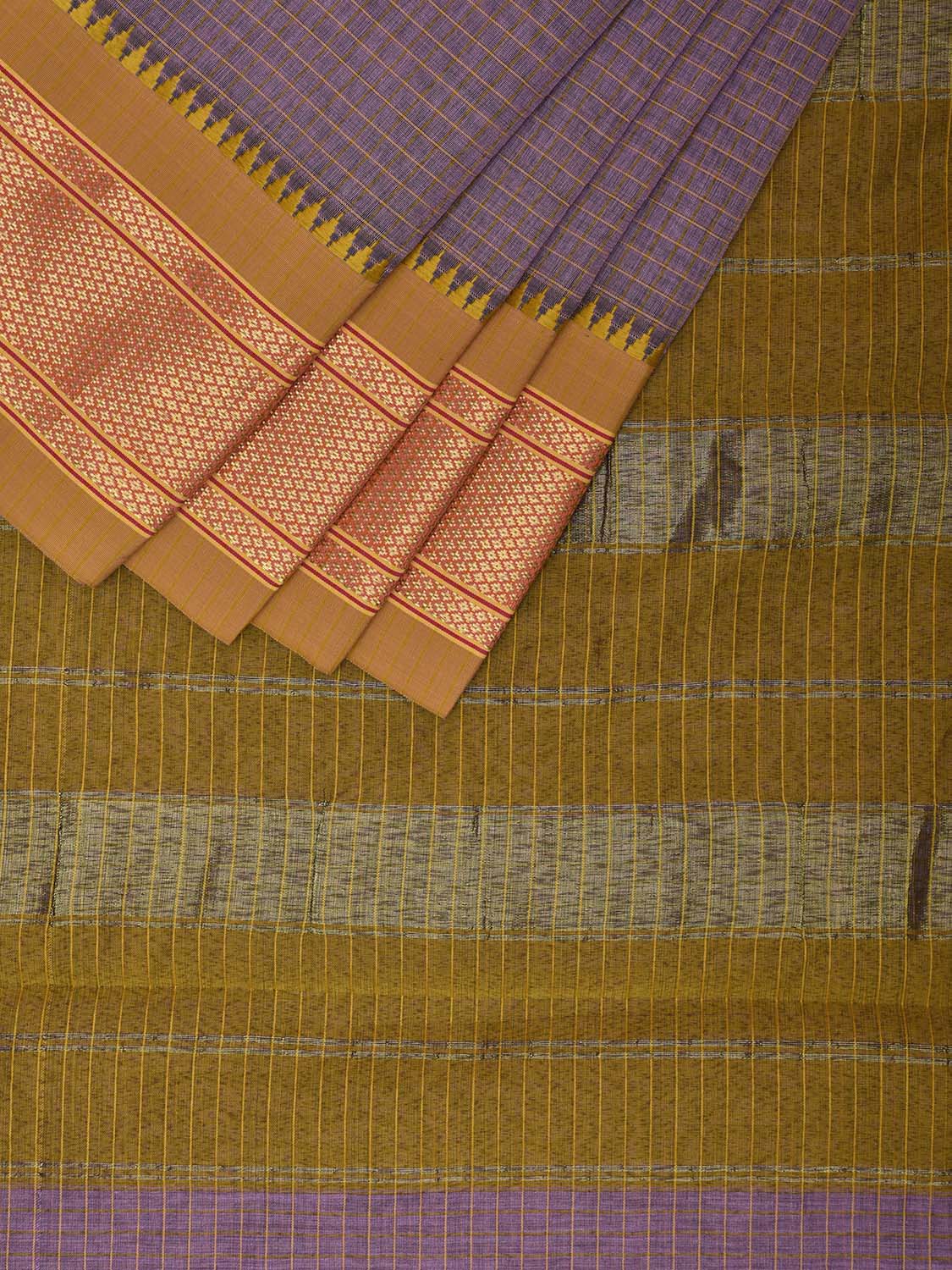 Grey and Olive Bamboo Cotton Saree with Checks Design No Blouse bc0713