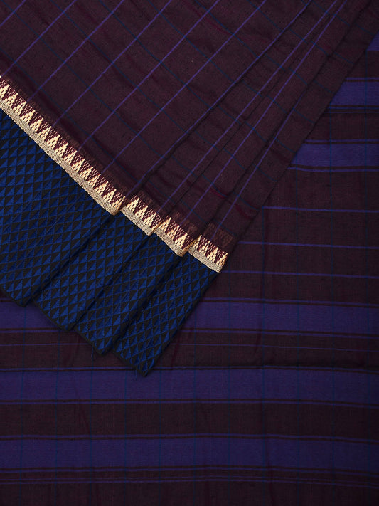 Dark Wine and Blue Bamboo Cotton Saree with Big Checks Design No Blouse bc0721