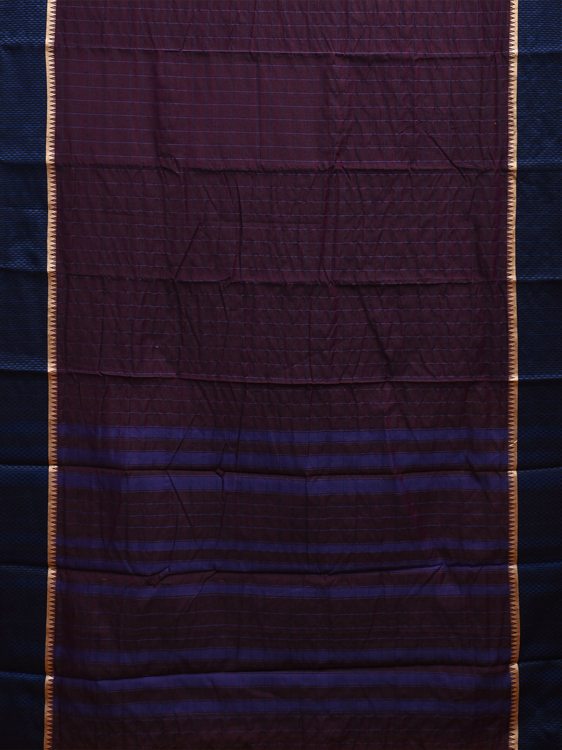 Dark Wine and Blue Bamboo Cotton Saree with Big Checks Design No Blouse bc0721