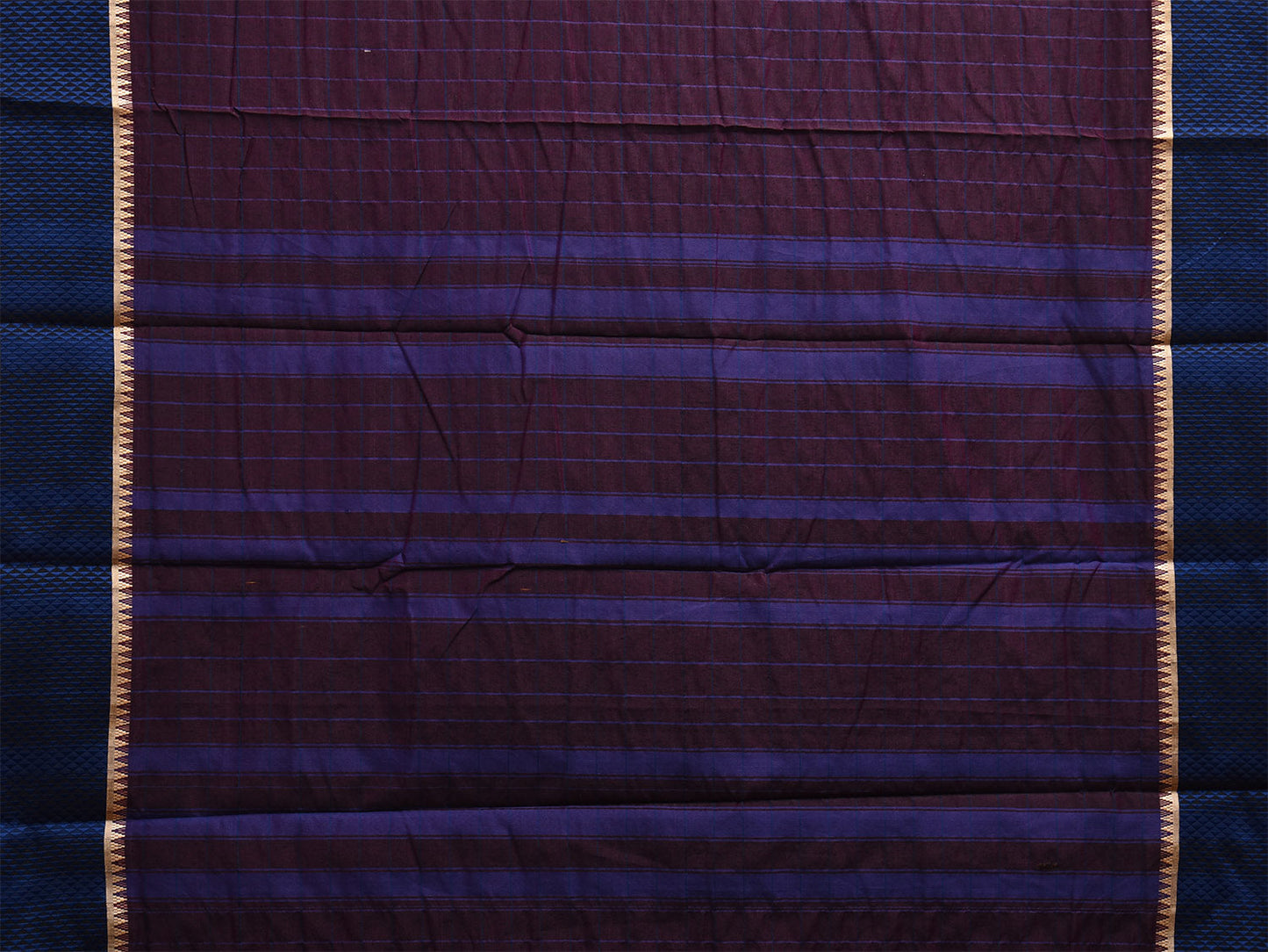 Dark Wine and Blue Bamboo Cotton Saree with Big Checks Design No Blouse bc0721