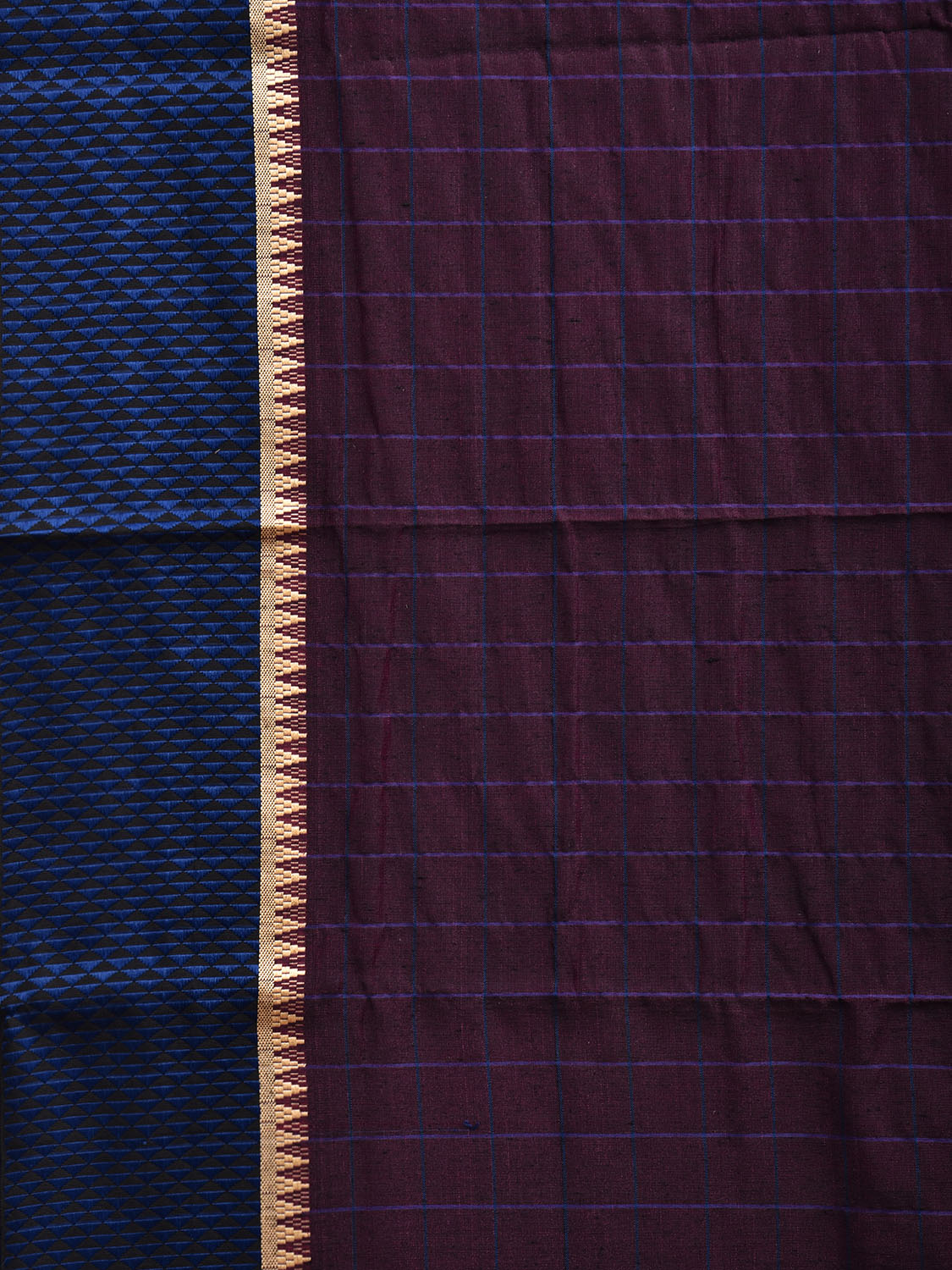 Dark Wine and Blue Bamboo Cotton Saree with Big Checks Design No Blouse bc0721