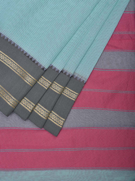 Light Blue Bamboo Cotton Saree with Strips and Ganga-Jamuna Border Design No Blouse bc0723