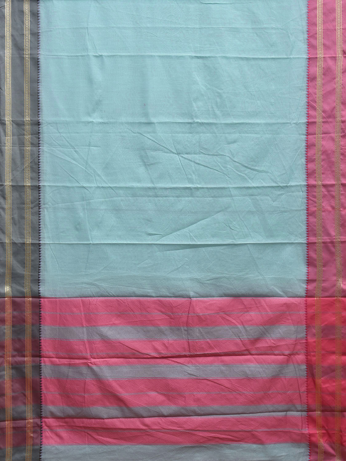 Light Blue Bamboo Cotton Saree with Strips and Ganga-Jamuna Border Design No Blouse bc0723