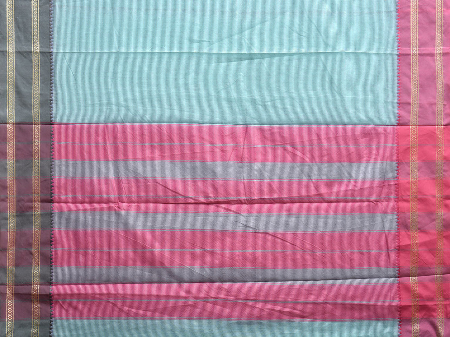 Light Blue Bamboo Cotton Saree with Strips and Ganga-Jamuna Border Design No Blouse bc0723