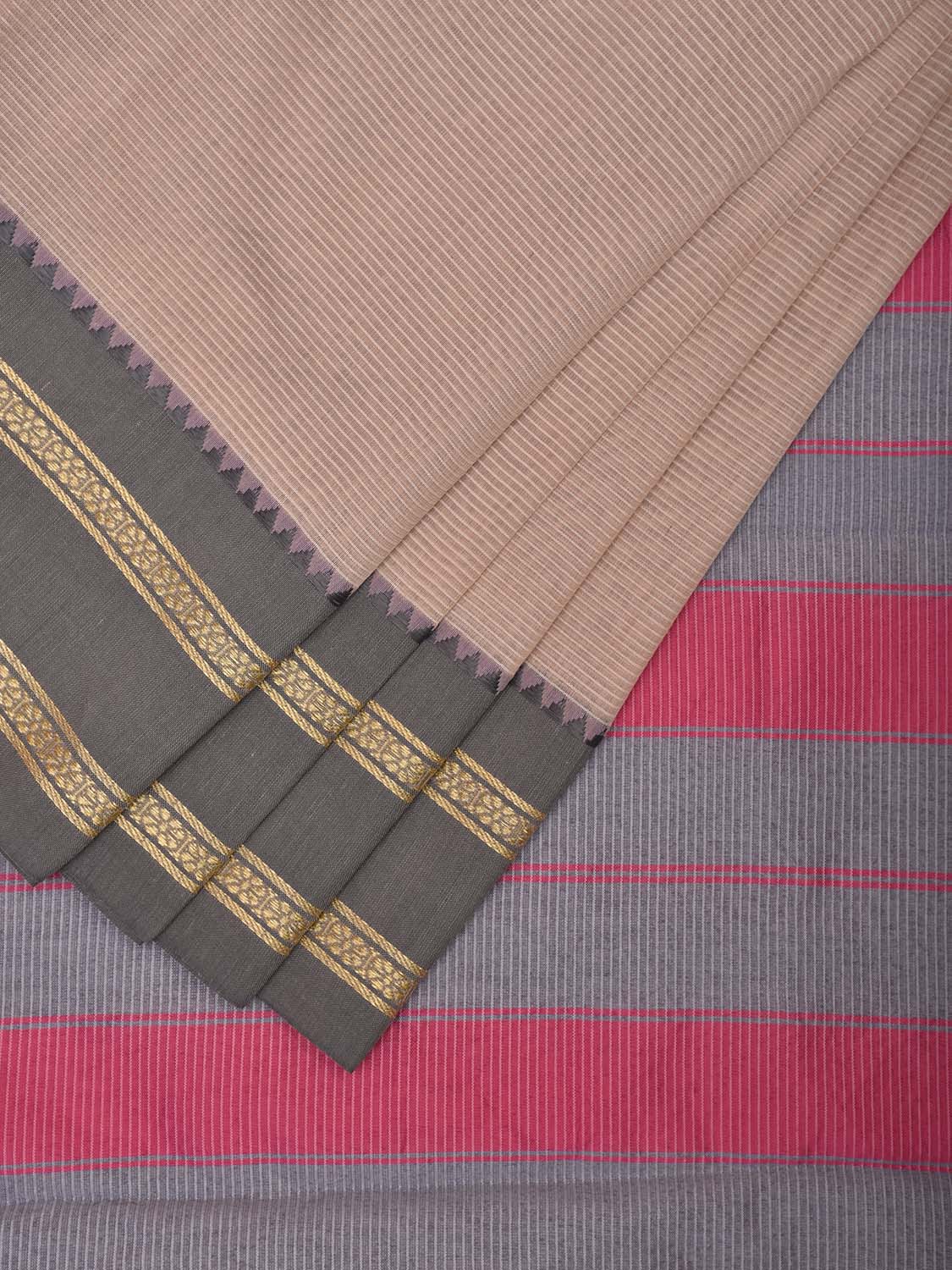 Cream Bamboo Cotton Saree with Strips and Ganga-Jamuna Border Design No Blouse bc0724