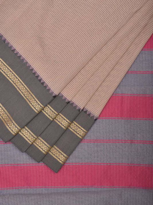 Cream Bamboo Cotton Saree with Strips and Ganga-Jamuna Border Design No Blouse bc0724