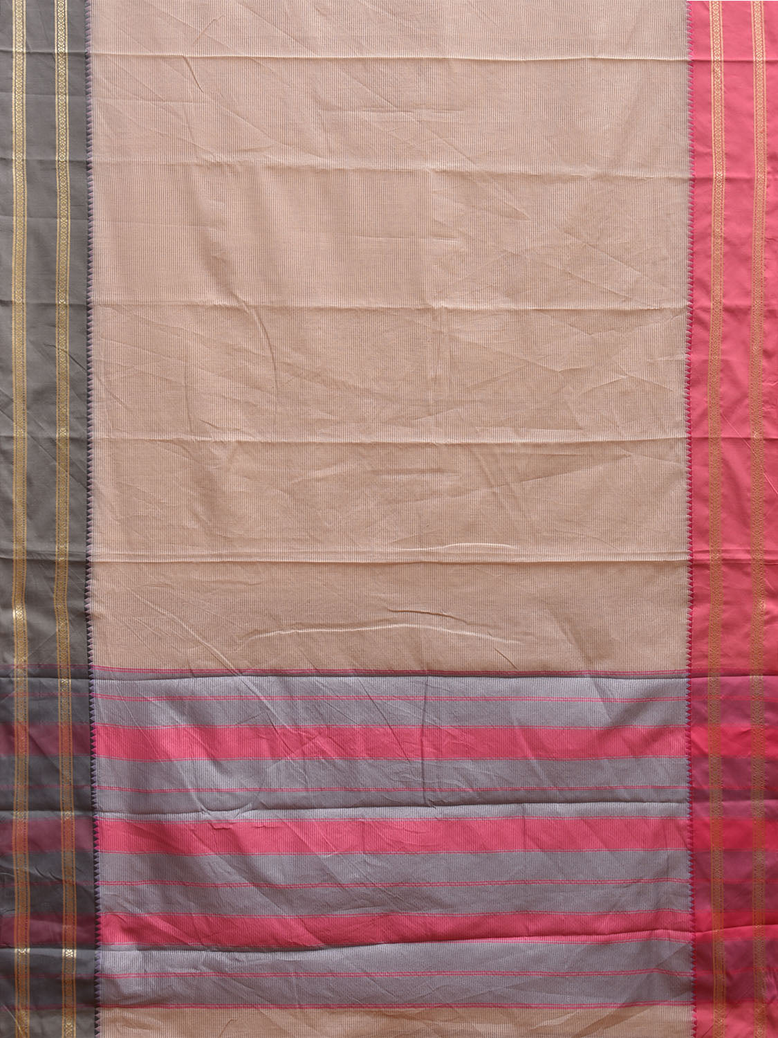 Cream Bamboo Cotton Saree with Strips and Ganga-Jamuna Border Design No Blouse bc0724