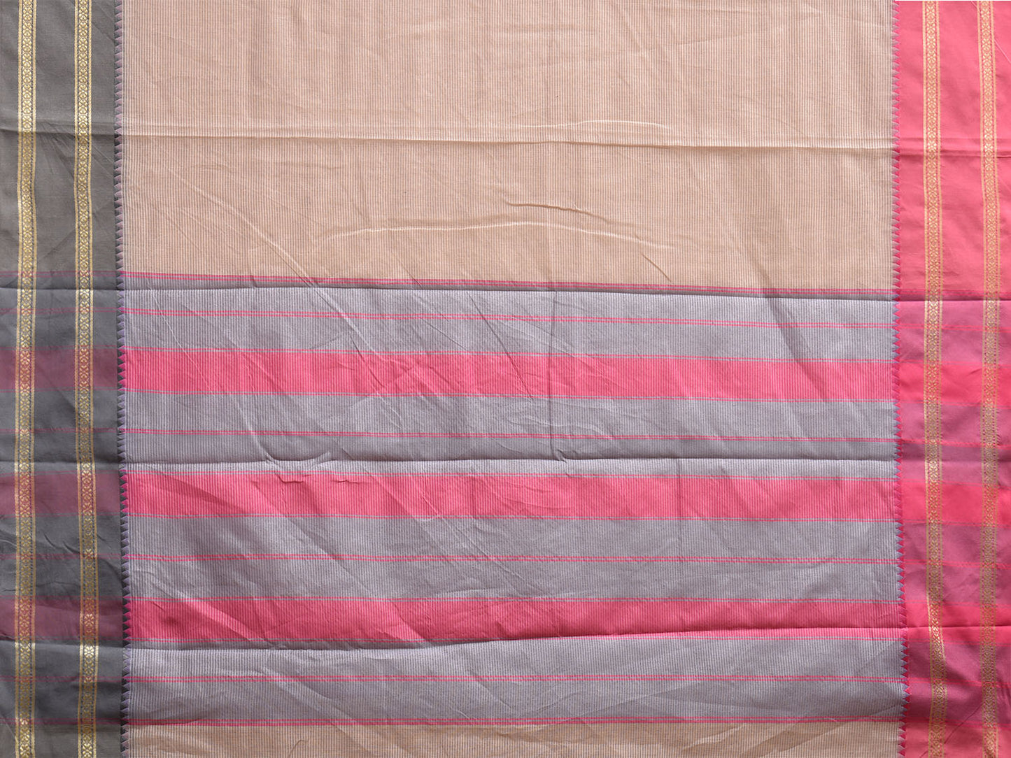 Cream Bamboo Cotton Saree with Strips and Ganga-Jamuna Border Design No Blouse bc0724