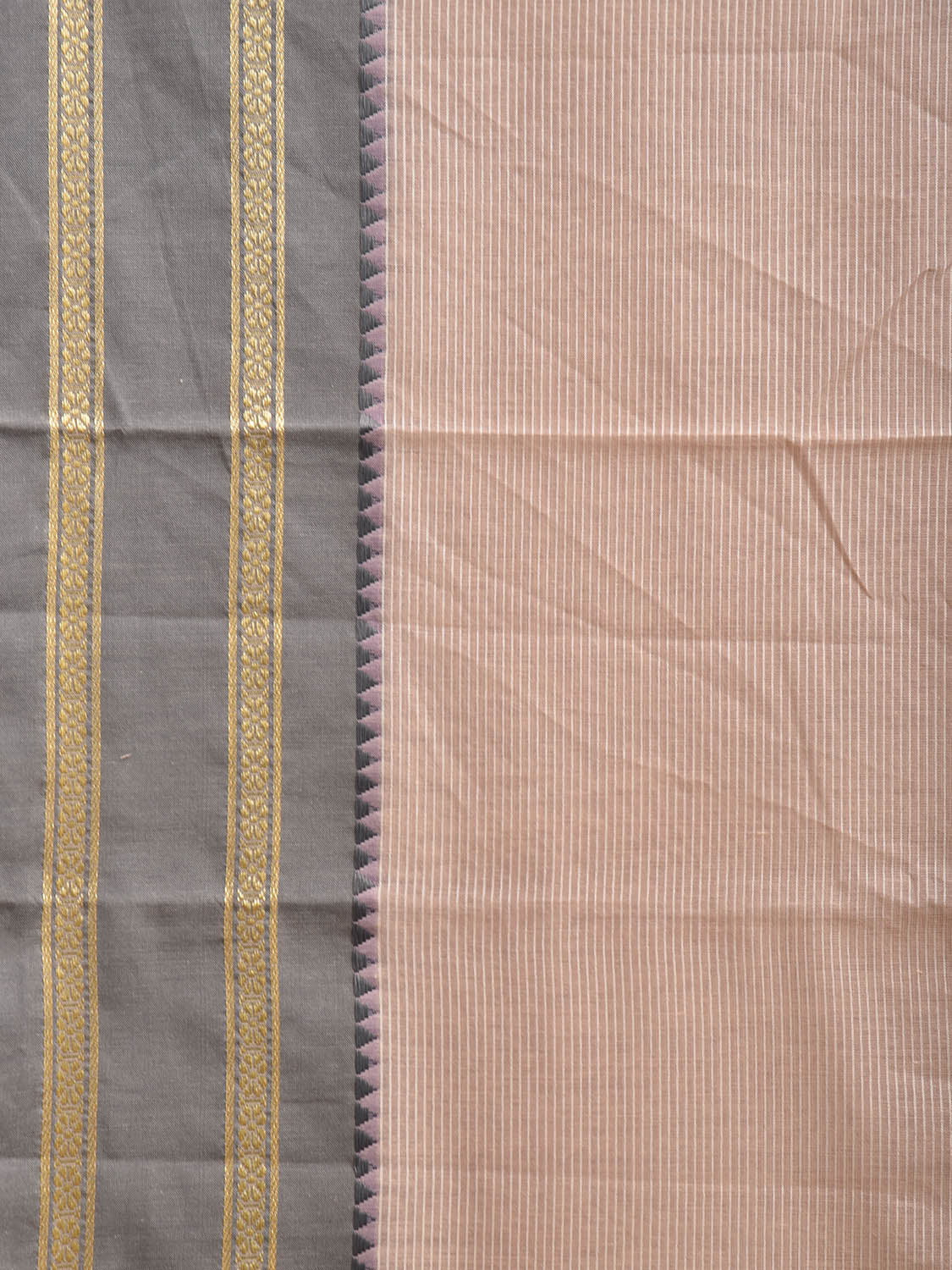 Cream Bamboo Cotton Saree with Strips and Ganga-Jamuna Border Design No Blouse bc0724