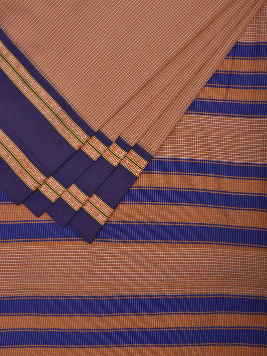 Fawn and Blue Bamboo Cotton Saree with Small Checks Design No Blouse bc0725