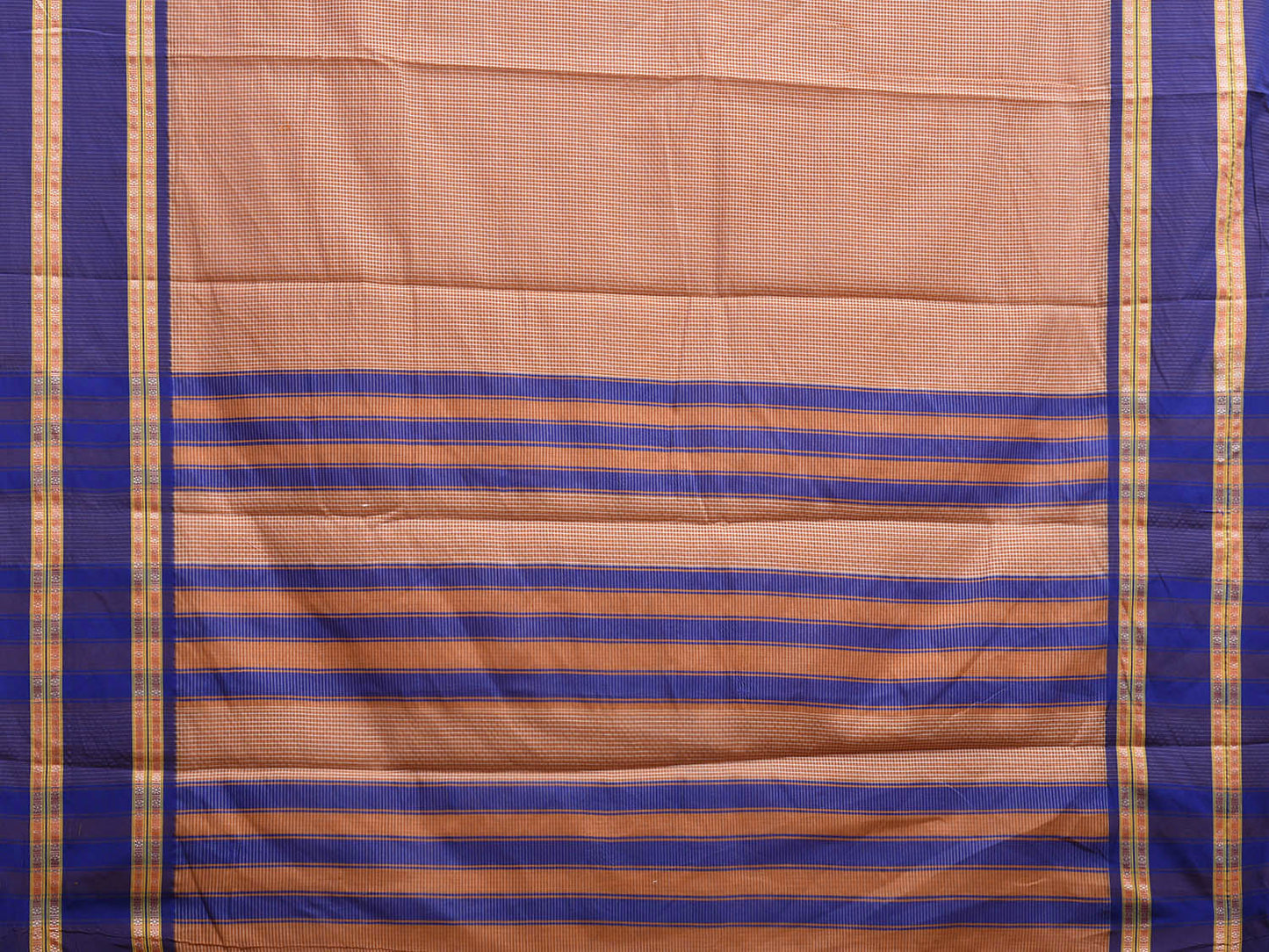 Fawn and Blue Bamboo Cotton Saree with Small Checks Design No Blouse bc0725