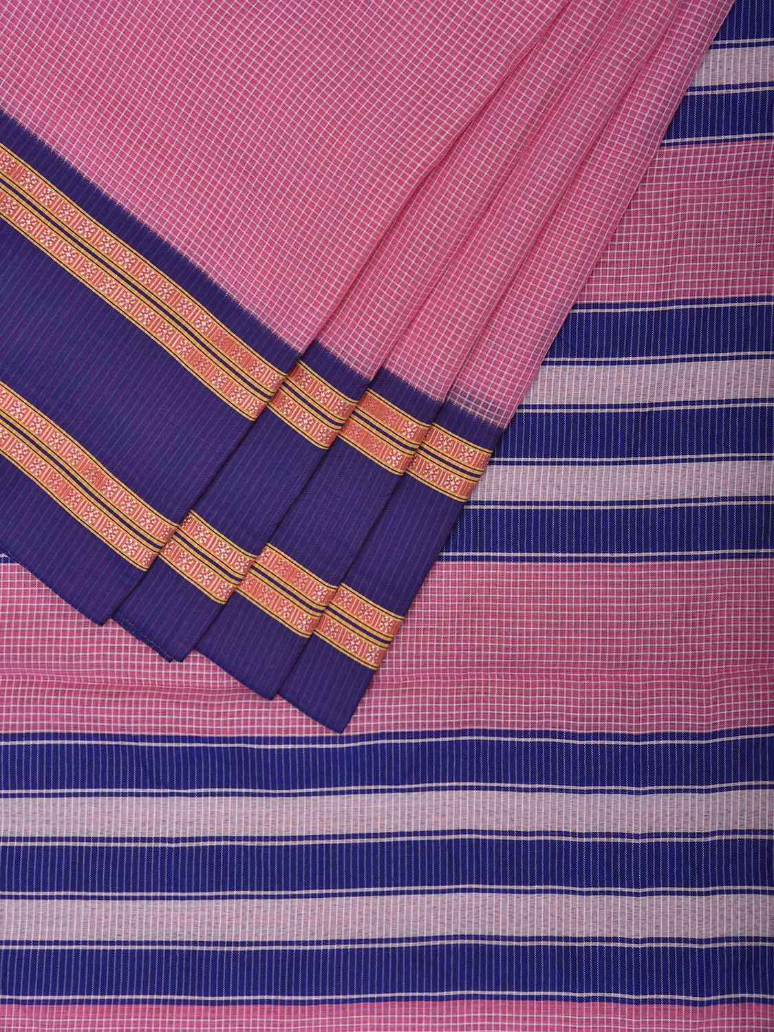 Pink and Blue Bamboo Cotton Saree with Small Checks Design No Blouse bc0727
