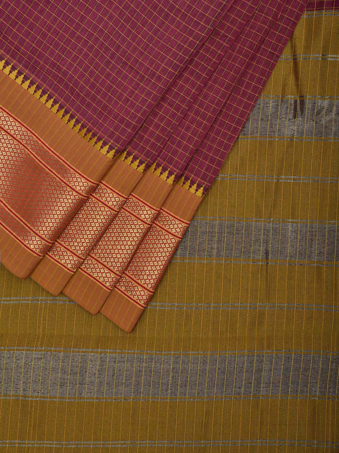 Magenta and Olive Bamboo Cotton Saree with Checks Design No Blouse bc0728