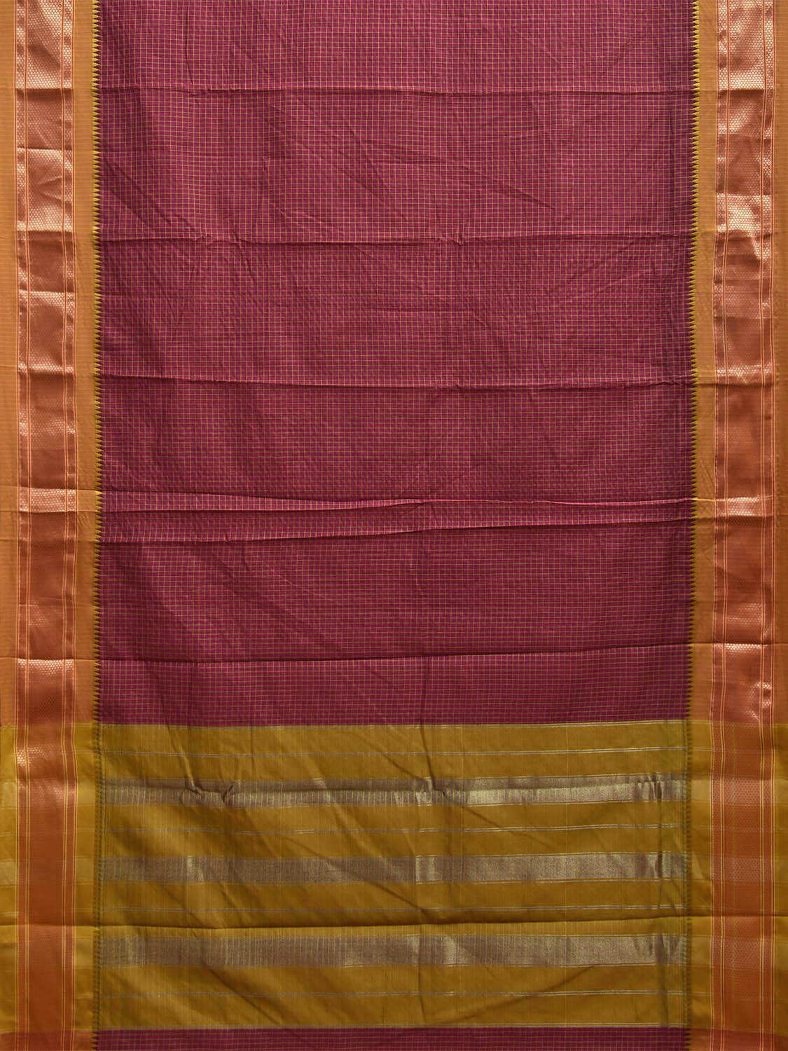 Magenta and Olive Bamboo Cotton Saree with Checks Design No Blouse bc0728