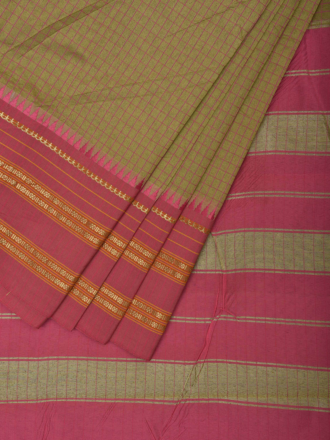 Olive and Pink Bamboo Cotton Viscose Silk Saree with Checks Design No Blouse bc0730
