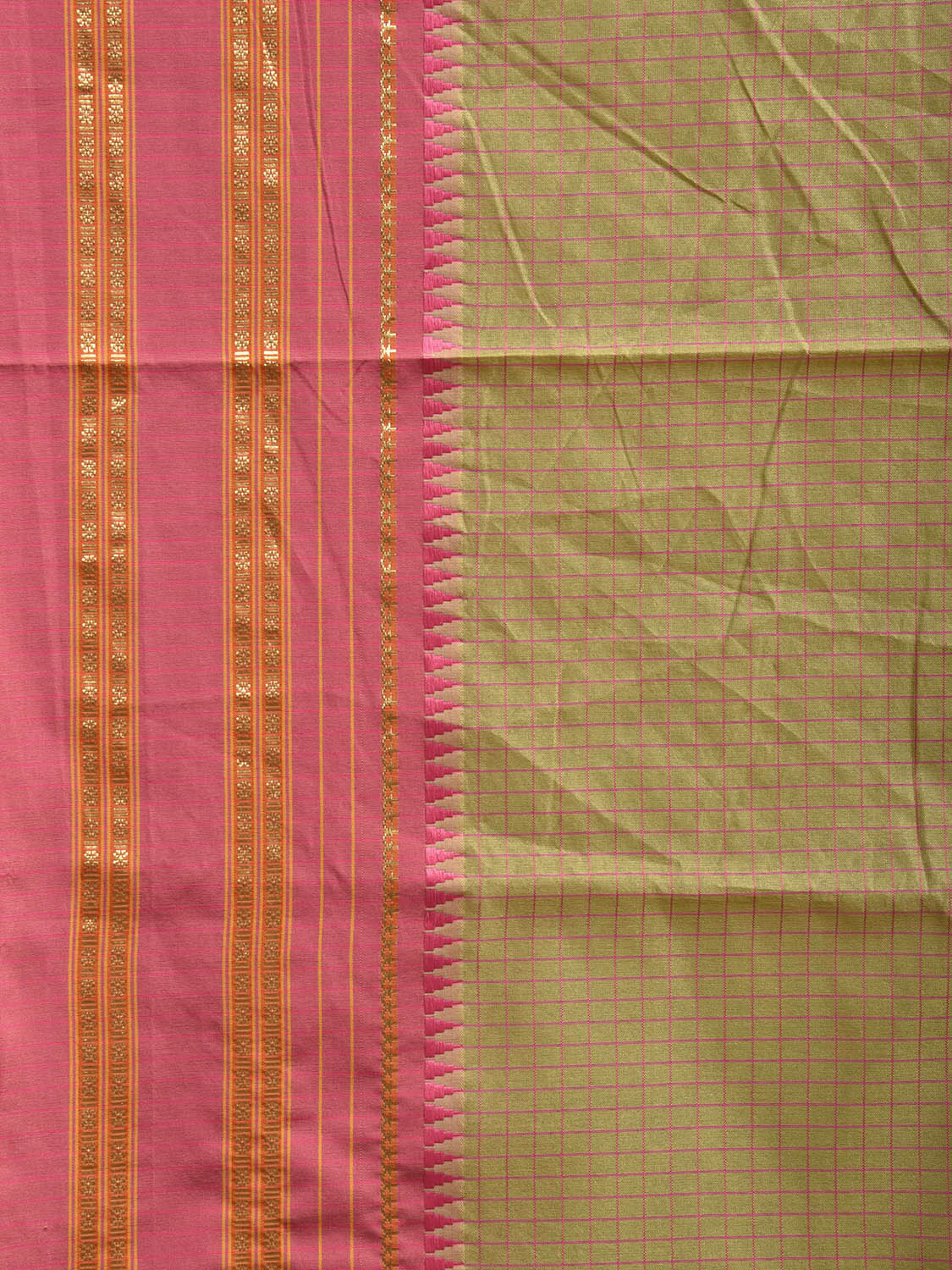 Olive and Pink Bamboo Cotton Viscose Silk Saree with Checks Design No Blouse bc0730