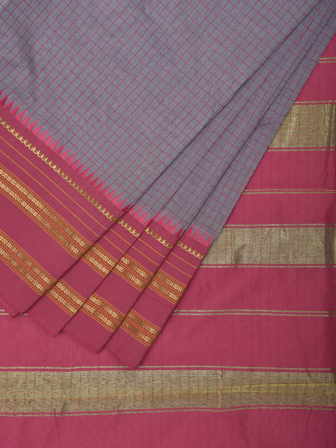Grey and Pink Bamboo Cotton Viscose Silk Saree with Checks Design No Blouse bc0731
