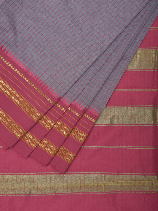 Grey and Pink Bamboo Cotton Viscose Silk Saree with Checks Design No Blouse bc0731