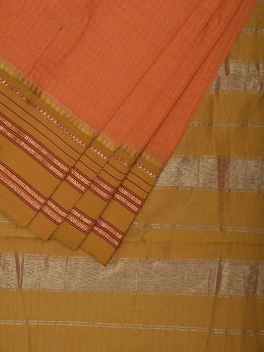 Orange and Olive Bamboo Cotton Viscose Silk Saree with Checks Design No Blouse bc0733