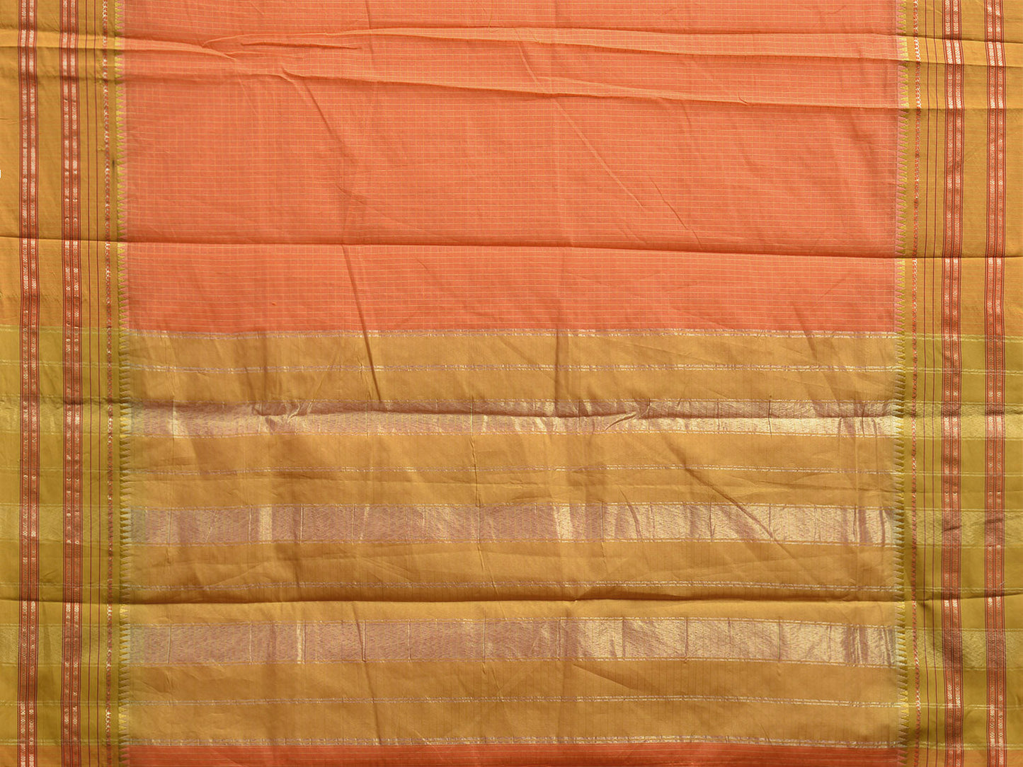 Orange and Olive Bamboo Cotton Viscose Silk Saree with Checks Design No Blouse bc0733