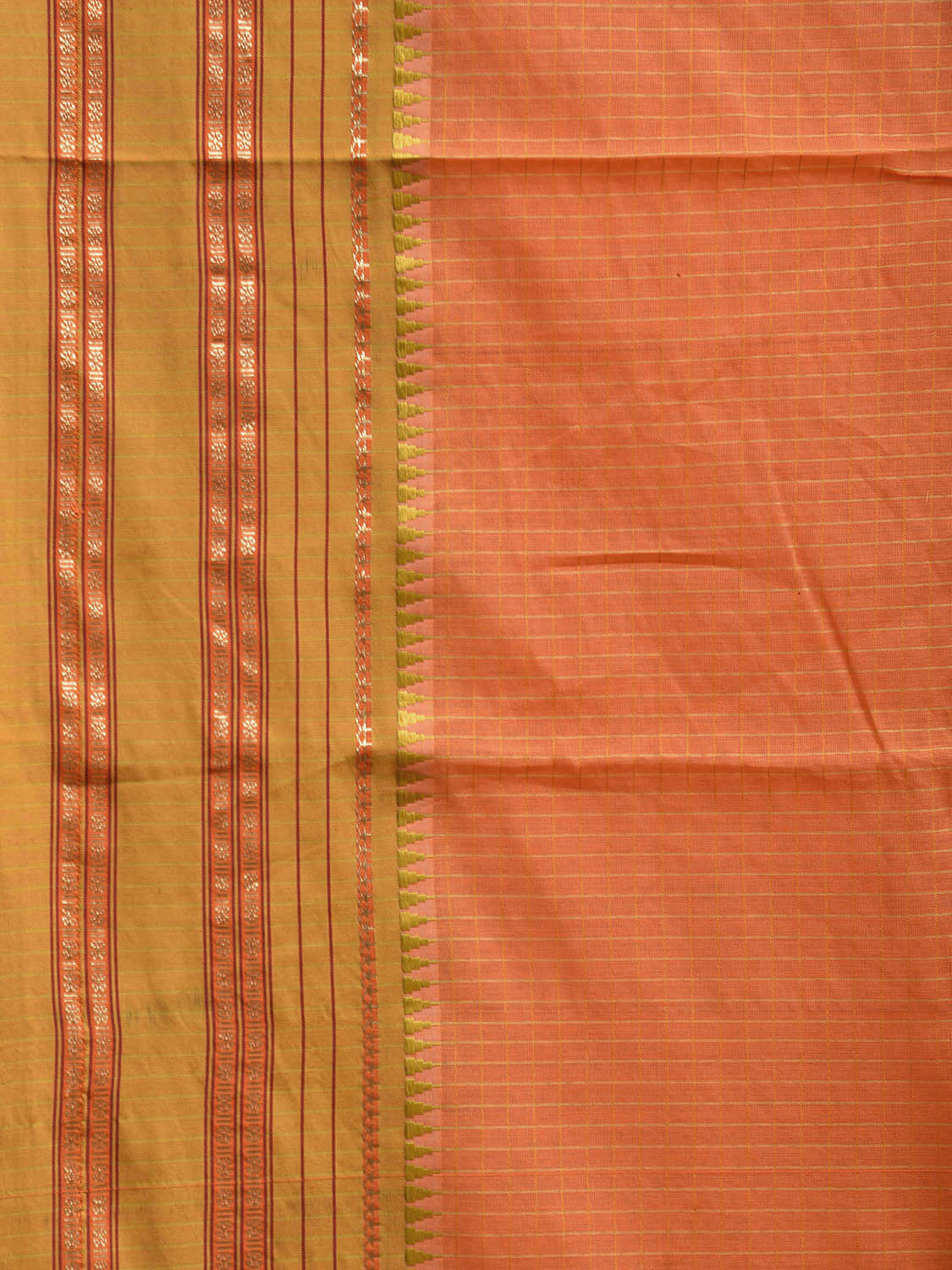 Orange and Olive Bamboo Cotton Viscose Silk Saree with Checks Design No Blouse bc0733