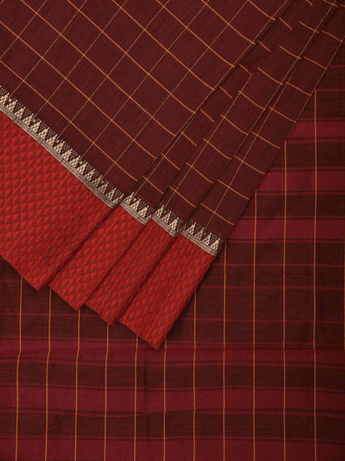Brown and Red Bamboo Cotton Saree with Big Checks Design No Blouse bc0735