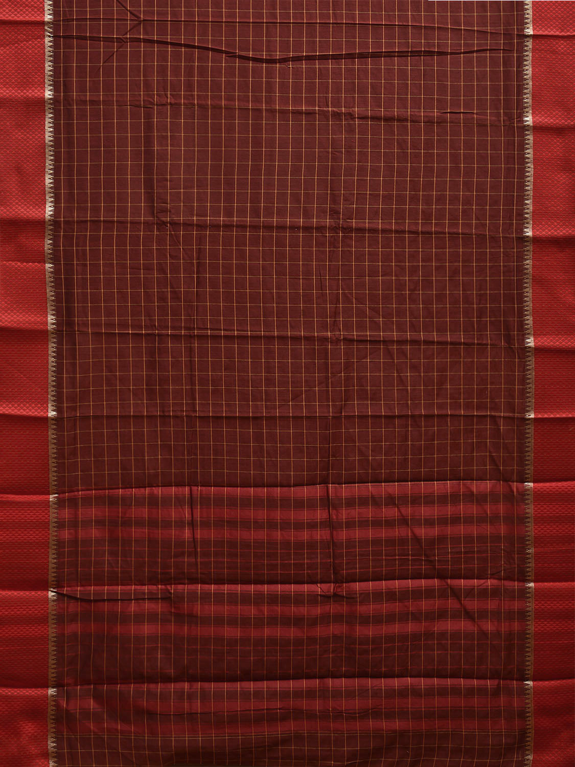 Brown and Red Bamboo Cotton Saree with Big Checks Design No Blouse bc0735