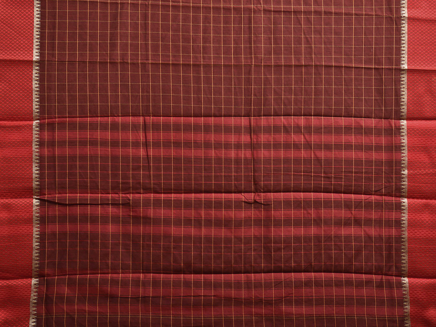 Brown and Red Bamboo Cotton Saree with Big Checks Design No Blouse bc0735