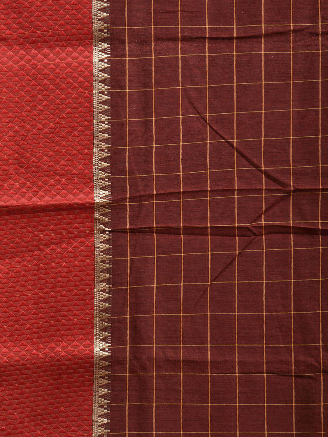 Brown and Red Bamboo Cotton Saree with Big Checks Design No Blouse bc0735