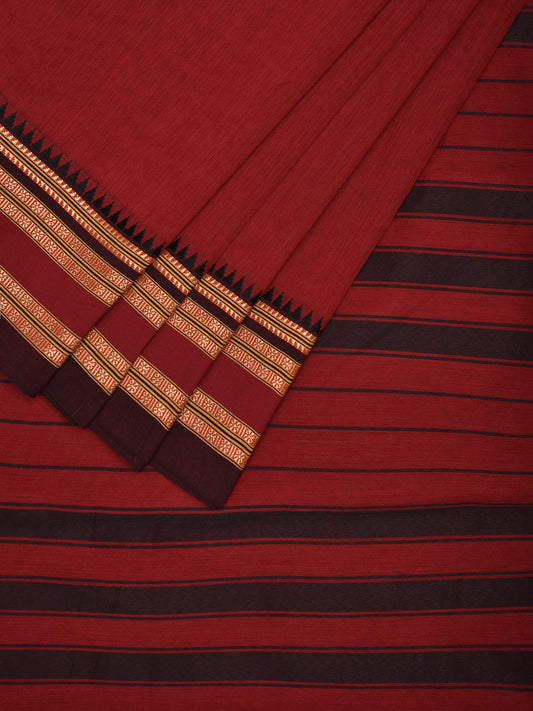 Dark Red and Black Bamboo Cotton Plain Saree with Strips Pallu Design No Blouse bc0736