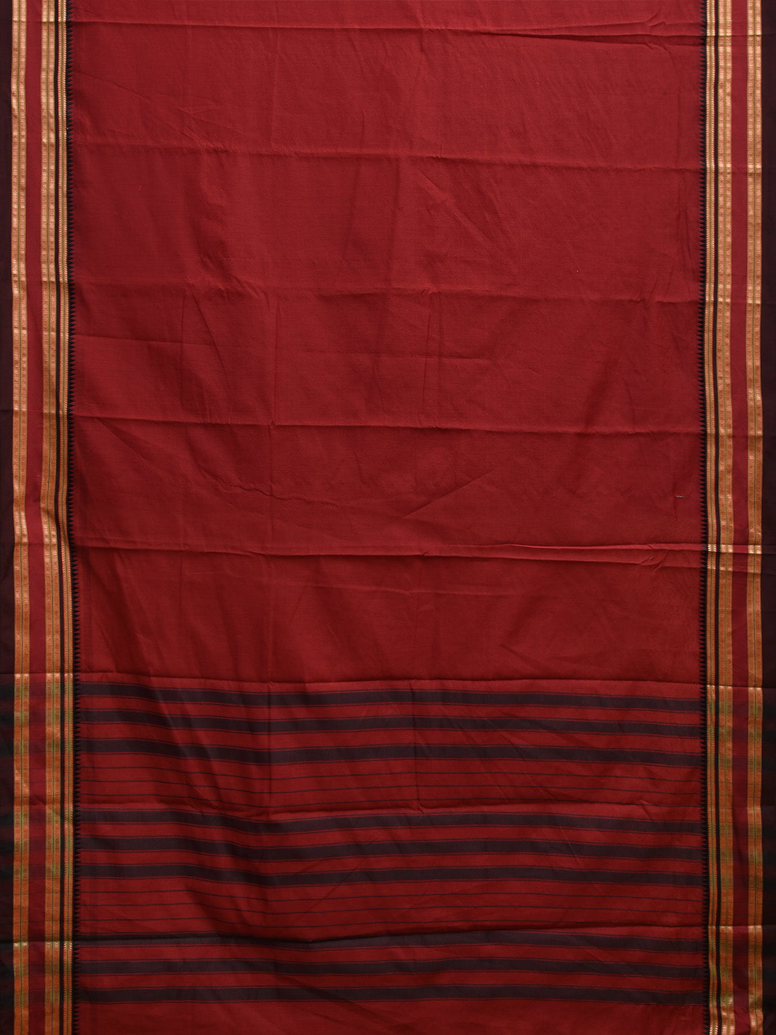 Dark Red and Black Bamboo Cotton Plain Saree with Strips Pallu Design No Blouse bc0736