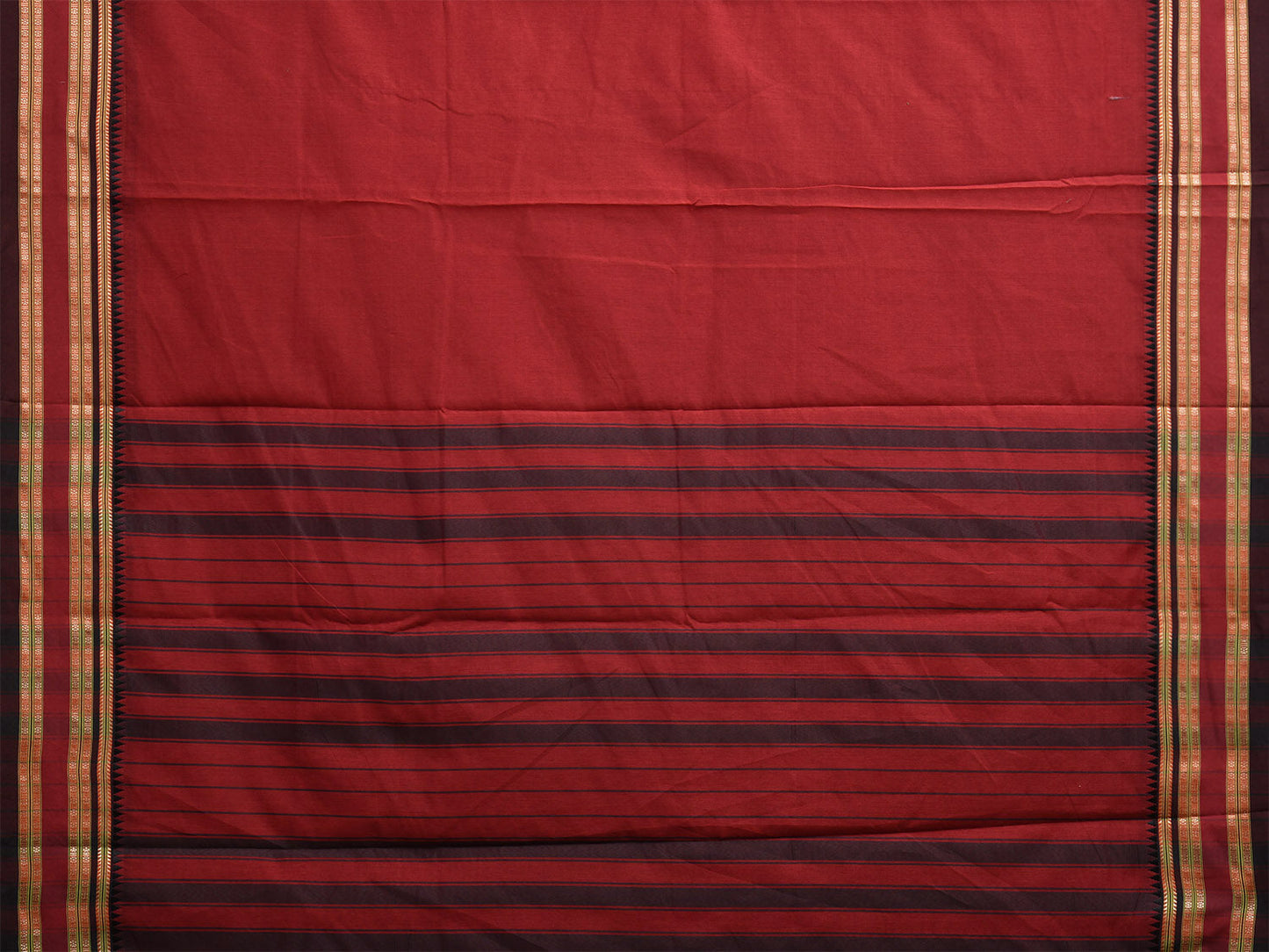 Dark Red and Black Bamboo Cotton Plain Saree with Strips Pallu Design No Blouse bc0736