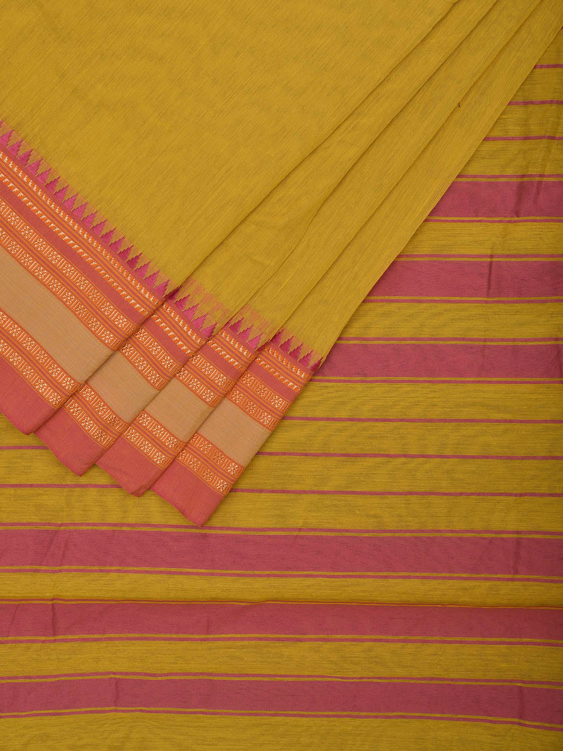 Yellow and Pink Bamboo Cotton Plain Saree with Strips Pallu Design No Blouse bc0737
