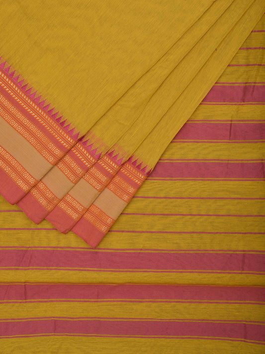 Yellow and Pink Bamboo Cotton Plain Saree with Strips Pallu Design No Blouse bc0737