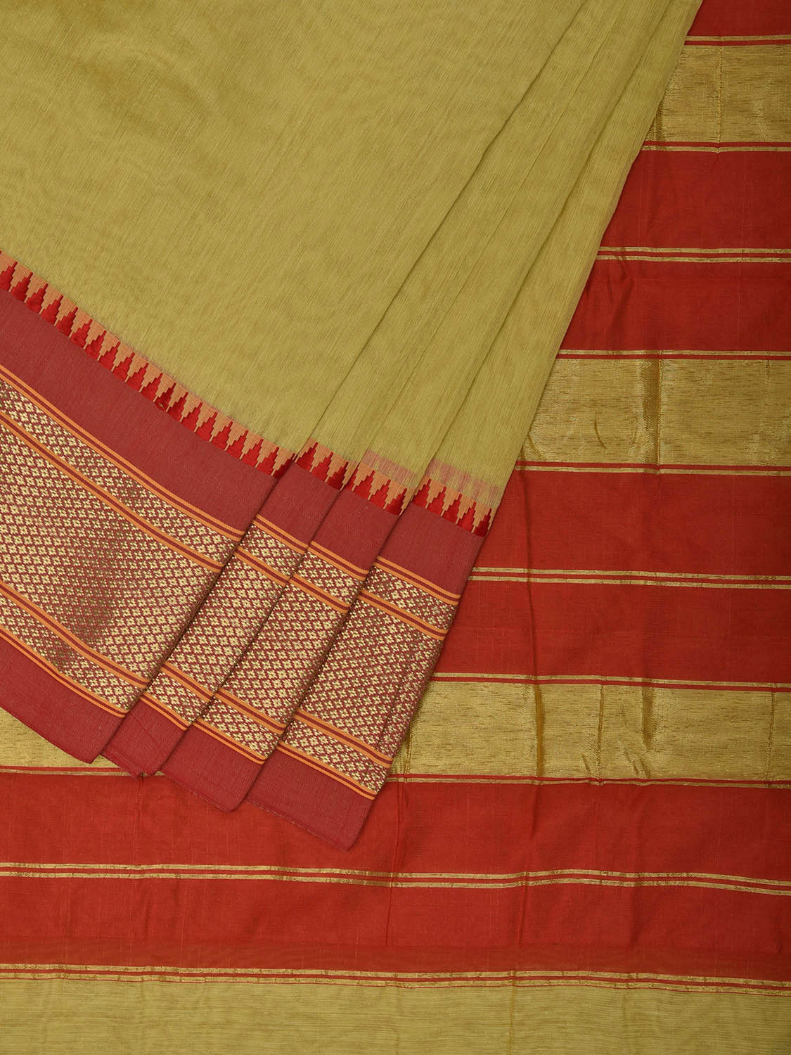 Light Green and Red Bamboo Cotton Plain Saree with Contrast Pallu Design No Blouse bc0739