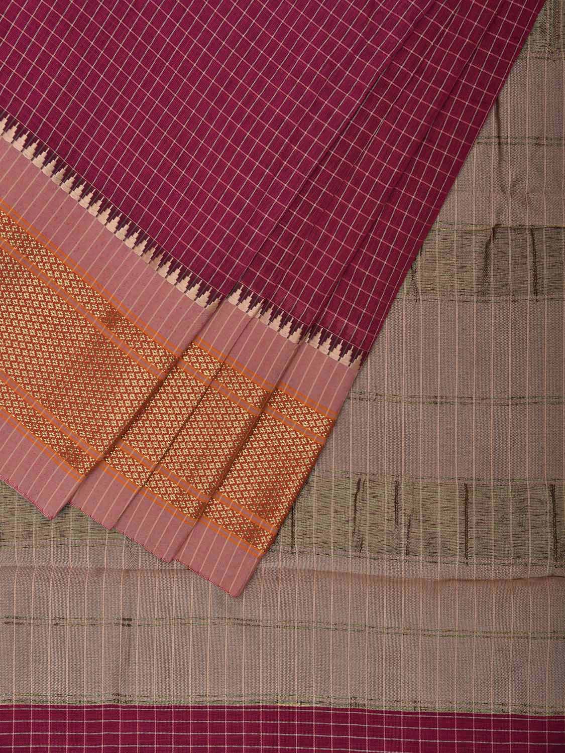 Magenta and White Bamboo Cotton Saree with Checks Design No Blouse bc0740