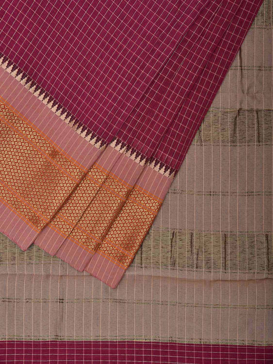 Magenta and White Bamboo Cotton Saree with Checks Design No Blouse bc0740