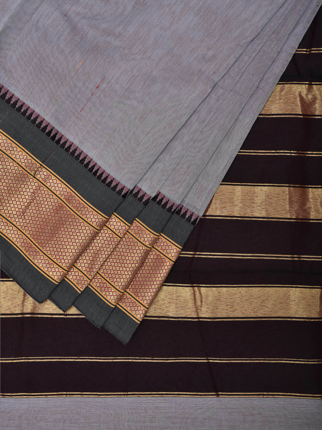 Light Grey and Black Bamboo Cotton Plain Saree with Contrast Pallu Design No Blouse bc0741