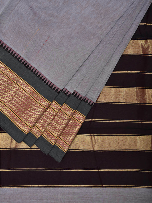 Light Grey and Black Bamboo Cotton Plain Saree with Contrast Pallu Design No Blouse bc0741