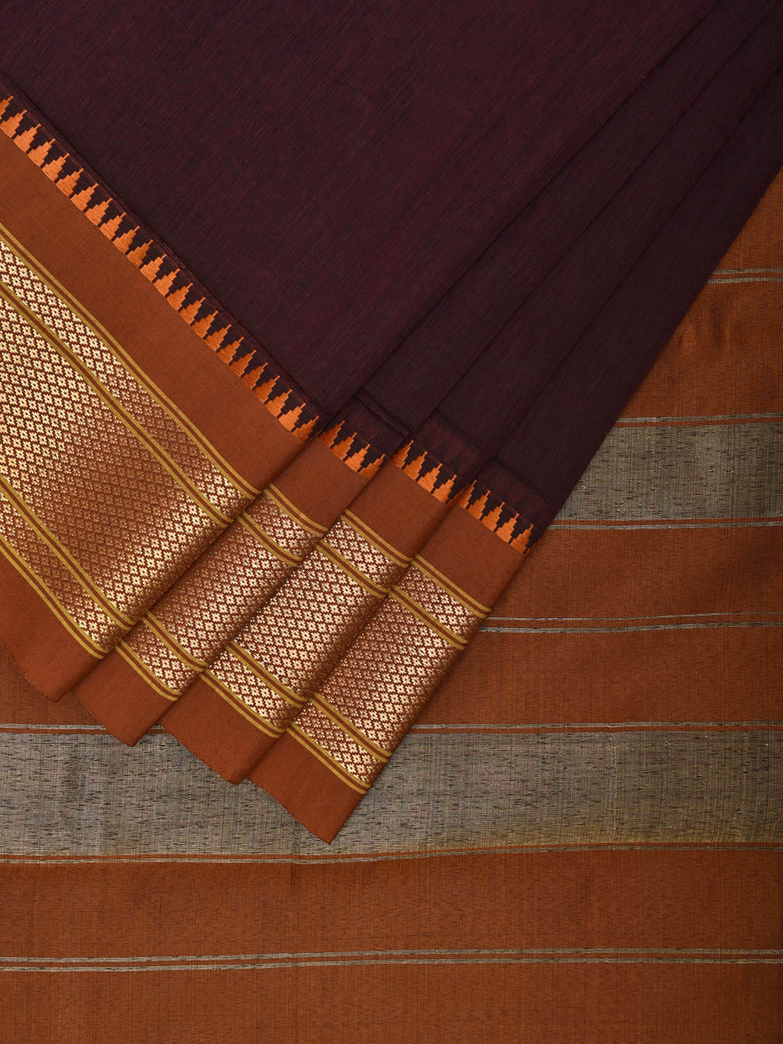 Brown and Fawn Bamboo Cotton Plain Saree with Contrast Pallu Design No Blouse bc0742