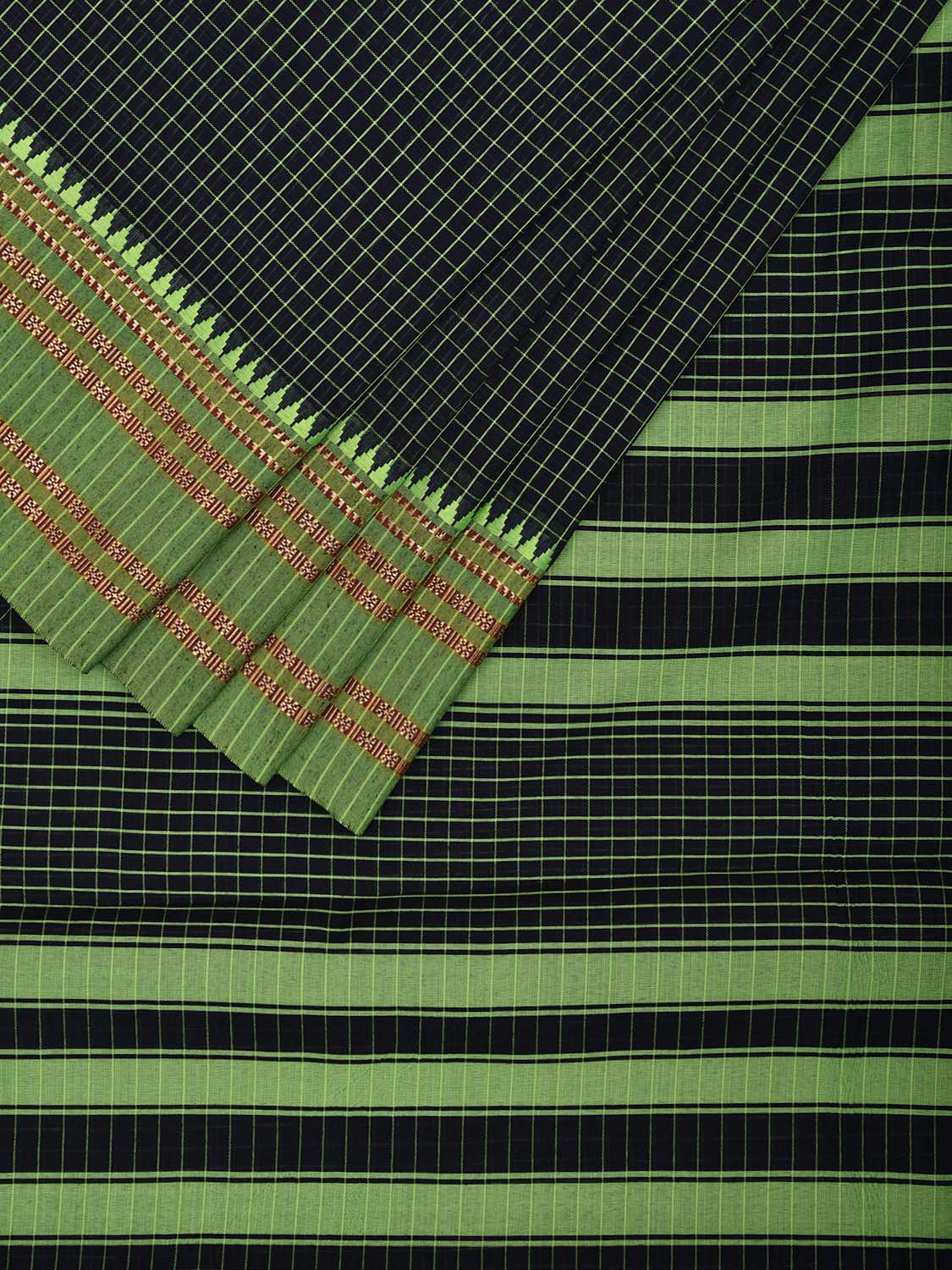 Black and Green Bamboo Cotton Saree with Checks Design No Blouse bc0744