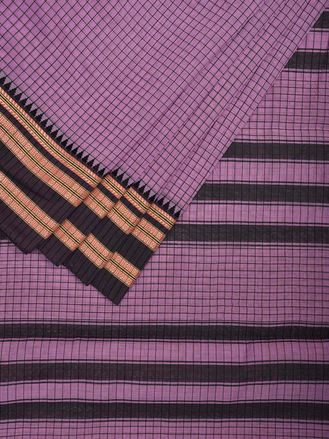 Lavender and Black Bamboo Cotton Saree with Checks Design No Blouse bc0746
