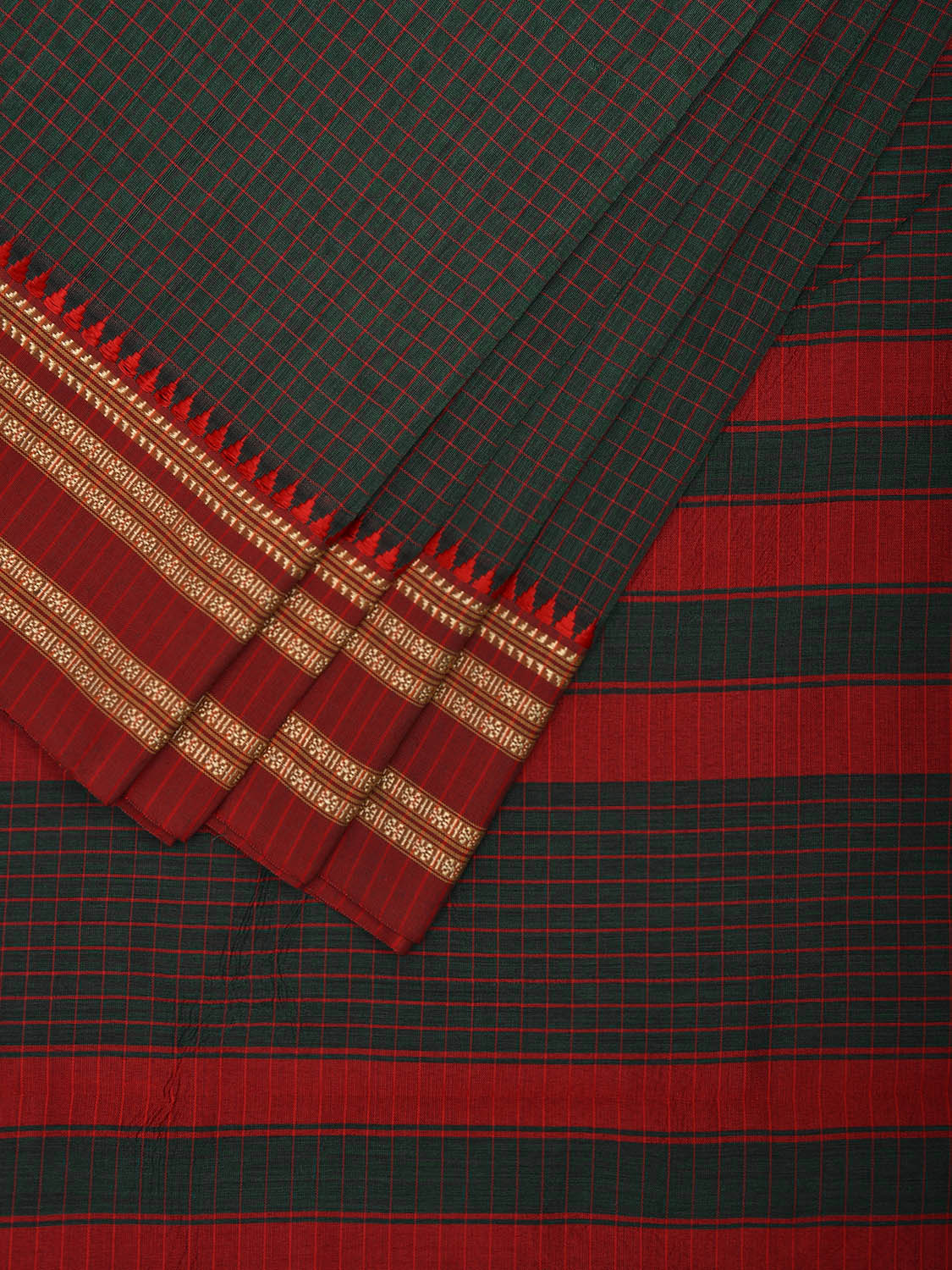 Dark Green and Red Bamboo Cotton Saree with Checks Design No Blouse bc0747