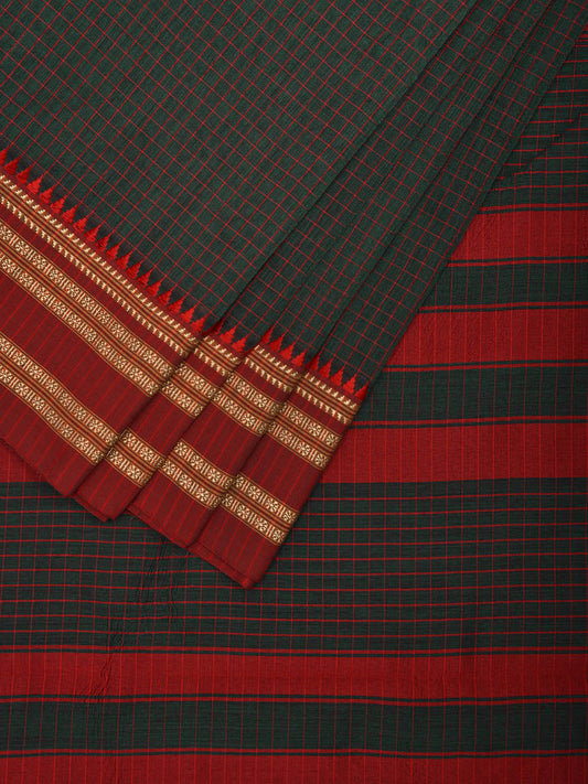 Dark Green and Red Bamboo Cotton Saree with Checks Design No Blouse bc0747